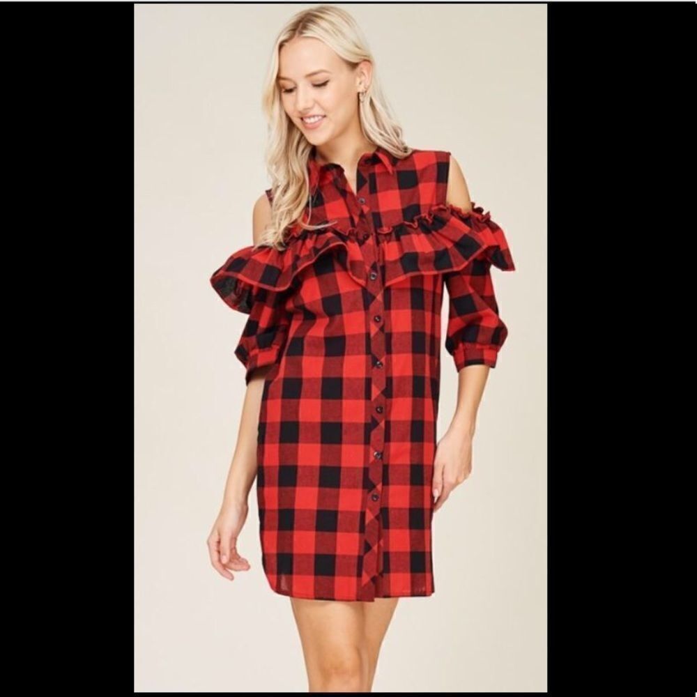 NWT Solutions plaid cold shoulder dress. S